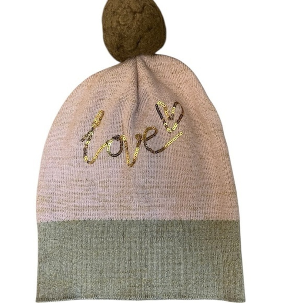 NWOT TOBY & ME Girl’s Pink Tan & Gold Glitter Hat& Sequins “Love” Hat w/ PomPom